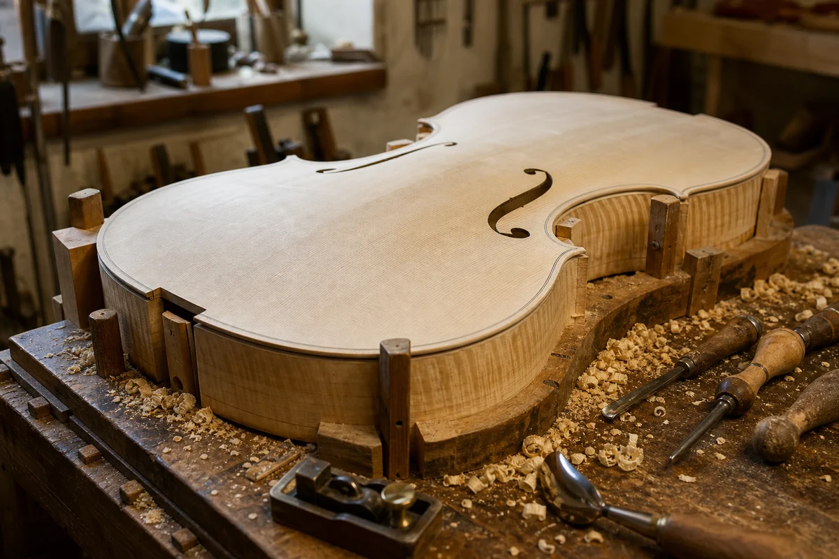 Cello in aanbouw op de werkbank met f-gaten, houtkrullen en gereedschap