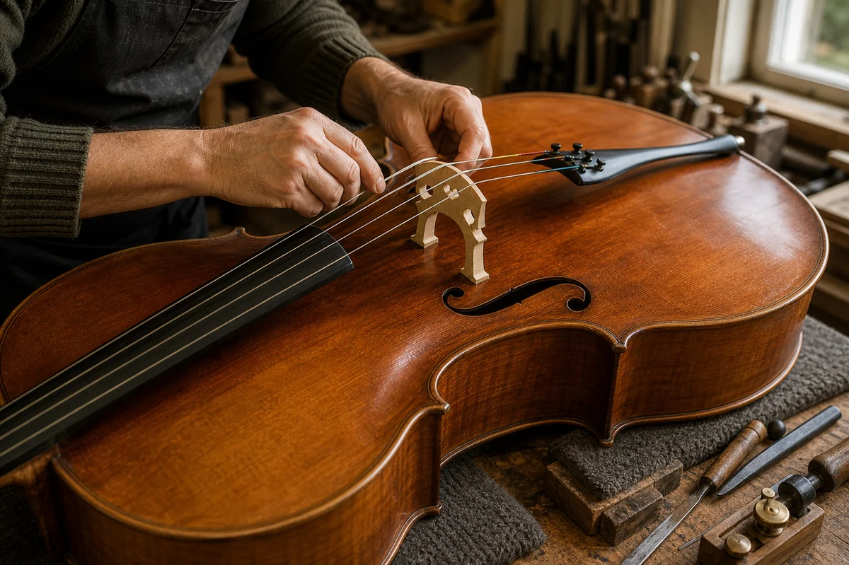 Handen controleren de kam en snaren van een cello